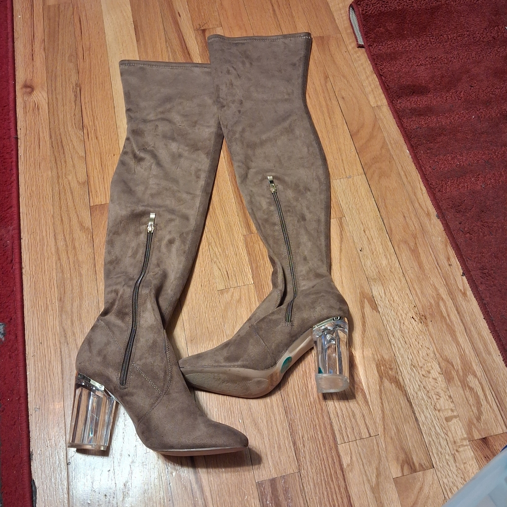 Taupe Fayx Suede Over-the-Knee Boots with Clear Heels
